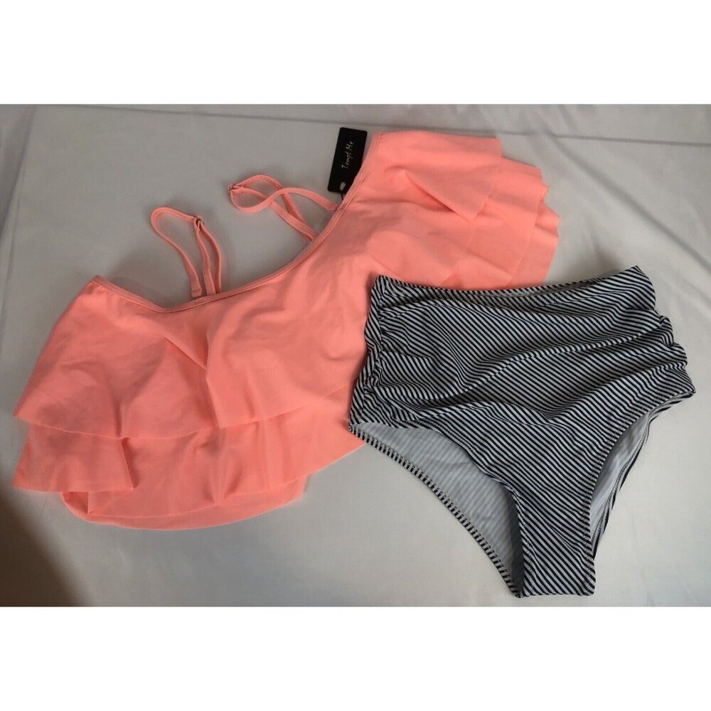 Tempt Me Pink Flowy Ruffle Bikini Swimsuit Stripe High Waist Bottoms Small New